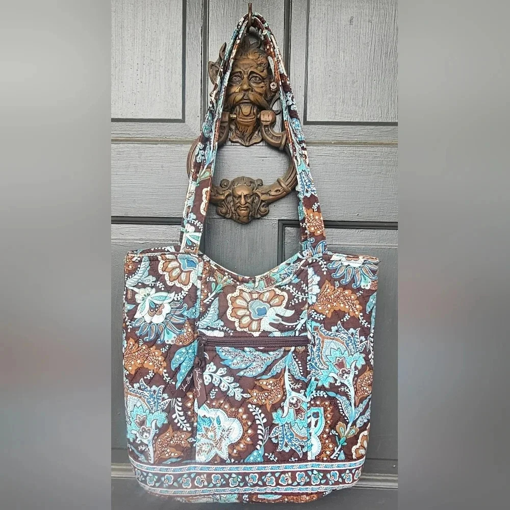 Retired Vera Bradley Blue Java Brown Floral Paisley Tote - Picture 2 of 16